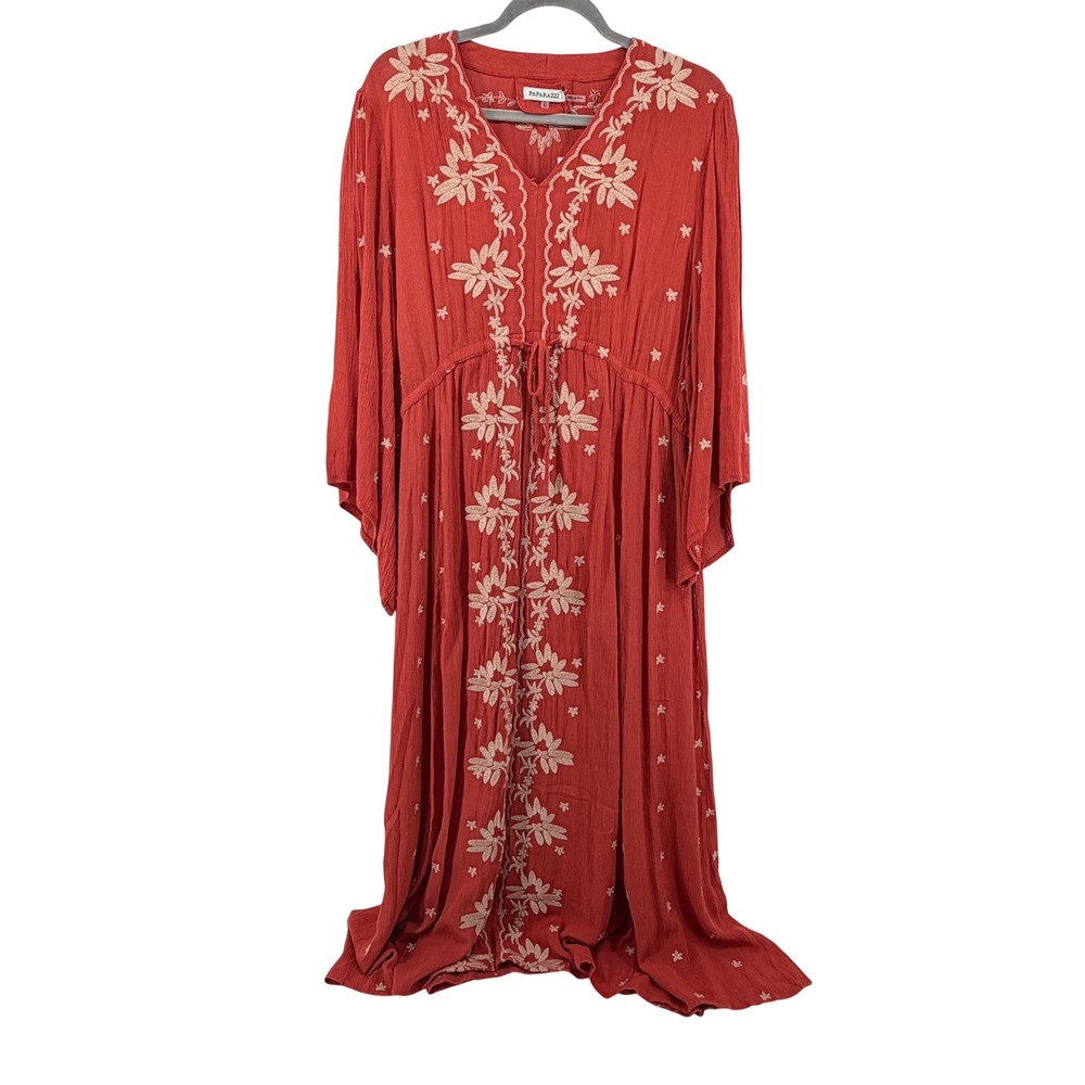 Paparazzi Maxi Dress Floral Embroidery L Rust Orange Women Boho Peasant New